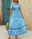 Casual Printed A-Line Long Dress for Vacation in Green and Blue
