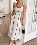 Casual Spaghetti Strap Dress in Navy Apricot Green Red