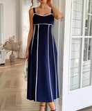 Casual Spaghetti Strap Dress in Navy Apricot Green Red