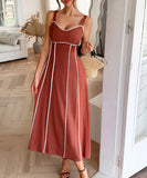 Casual Spaghetti Strap Dress in Navy Apricot Green Red