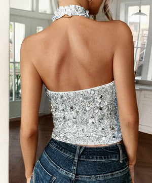 Elegant Black Or Silver Backless Sleeveless Top For Evening