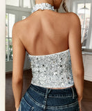 Elegant Black Or Silver Backless Sleeveless Top For Evening