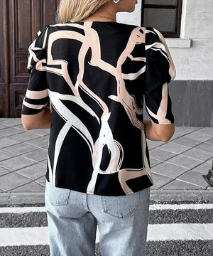 Printed Short Sleeve Women Blouse Black Polyester Elastane