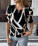 Printed Short Sleeve Women Blouse Black Polyester Elastane