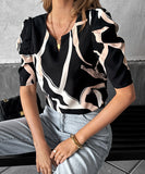Printed Short Sleeve Women Blouse Black Polyester Elastane