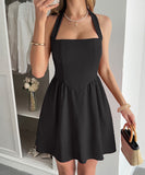 Elegant Halter Neck Mini Dress with Stylish Skirt in Various Colors