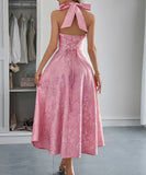 Elegant Halter Neck Evening Dress with Cinched Waist Long Skirt