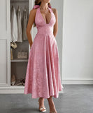 Elegant Halter Neck Evening Dress with Cinched Waist Long Skirt