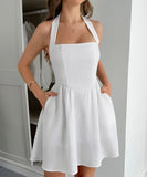Elegant Halter Neck Mini Dress with Stylish Skirt in Various Colors