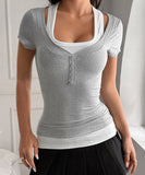 Two Piece Camisole Set For Women Short Sleeve Stretch Tee