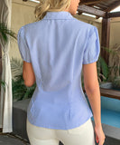 Striped Button Down Short Sleeve Womens Blouse Office Wear