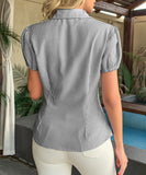 Striped Button Down Short Sleeve Womens Blouse Office Wear