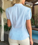 Striped Button Down Short Sleeve Womens Blouse Office Wear