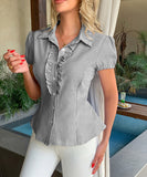 Striped Button Down Short Sleeve Womens Blouse Office Wear