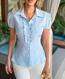 Striped Button Down Short Sleeve Womens Blouse Office Wear