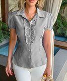 Striped Button Down Short Sleeve Womens Blouse Office Wear