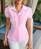 Striped Button Down Short Sleeve Womens Blouse Office Wear