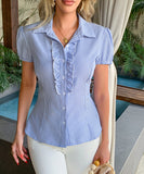 Striped Button Down Short Sleeve Womens Blouse Office Wear