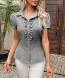 Striped Button Down Short Sleeve Womens Blouse Office Wear