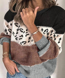 Classic Womens Leopard Patchwork Relaxed Knit Sweater
