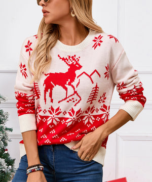 Classic Christmas Tree Print Round Neck Pullover For Women