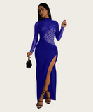 Sequined High-Neck Evening Dress Long-Sleeve High-Slit