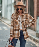 Collared Long Sleeve Pocket Casual Check Shirt Polyester