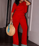 Chic Two-Piece Straight-Leg Suit with Asymmetrical Sleeve Design