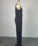 V Neck Sleeveless Vest and Wide Leg Trousers Set in Grey Khaki
