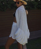 Loose Belted Long Sleeve Cardigan and Short Pants Set