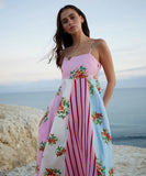 Floral Maxi Dress for Women in Green and Pink Sleeveless Style