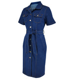 Deep Blue Denim Cowl Neck Short Sleeve Fitted Dress
