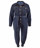 Relaxed Fit V Neck Casual Plus Size Denim Jumpsuit Women