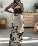 Sexy Form-Fitting Long Dress with Neck Tie Design in Green Black