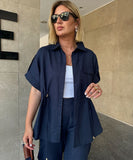 Casual Workwear Drawstring Shirt And Trousers Set Navy