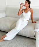 CozyNest Knitted Patchwork Lace Halter Pajamas – Elegant Micro-Transparency Design
