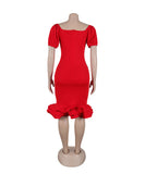 Stretch Wrap Hip Waist Lantern Sleeve Wavy Hem Dress for Flattering Fit