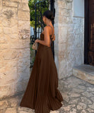 Solid Color Plunging Pleated Sleeveless Halter Dress for You