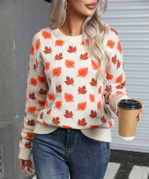 Classic Relaxed Womens Leafy Christmas Round Neck Sweater