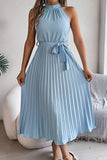 Chic Sleeveless Pleated Skirt with Standing Collar