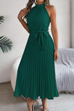 Chic Sleeveless Pleated Skirt with Standing Collar