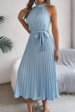 Chic Sleeveless Pleated Skirt with Standing Collar