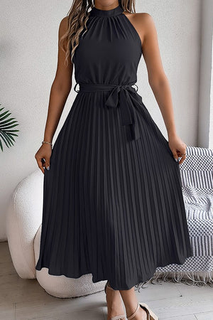 Chic Sleeveless Pleated Skirt with Standing Collar