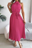 Chic Sleeveless Pleated Skirt with Standing Collar