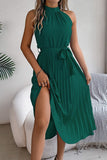 Chic Sleeveless Pleated Skirt with Standing Collar