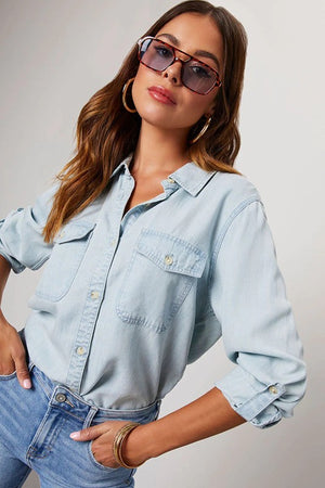 Chic Lapel Denim Long-Sleeved Top