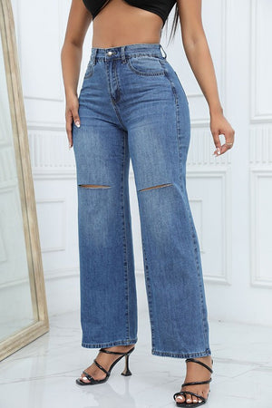 Distressed Wide-Leg Denim Trousers