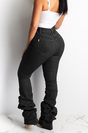 Flared Micro-Pleated Denim Trousers