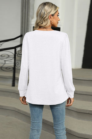 Chic Pleated U-Neck Long-Sleeved T-Shirt in Solid Colors