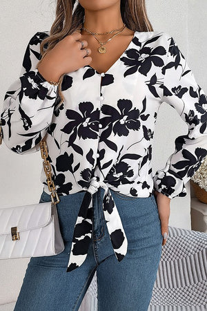 COLORFUL FLOWER LANTERN SLEEVE LACE-UP SHIRT